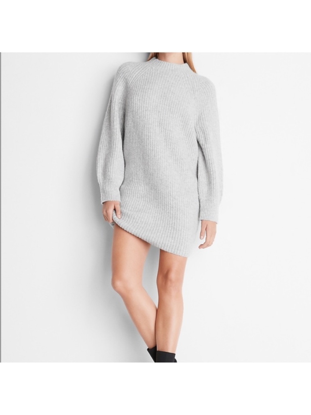 Express Ribbed Crewneck Sweater Dress - Light Gray